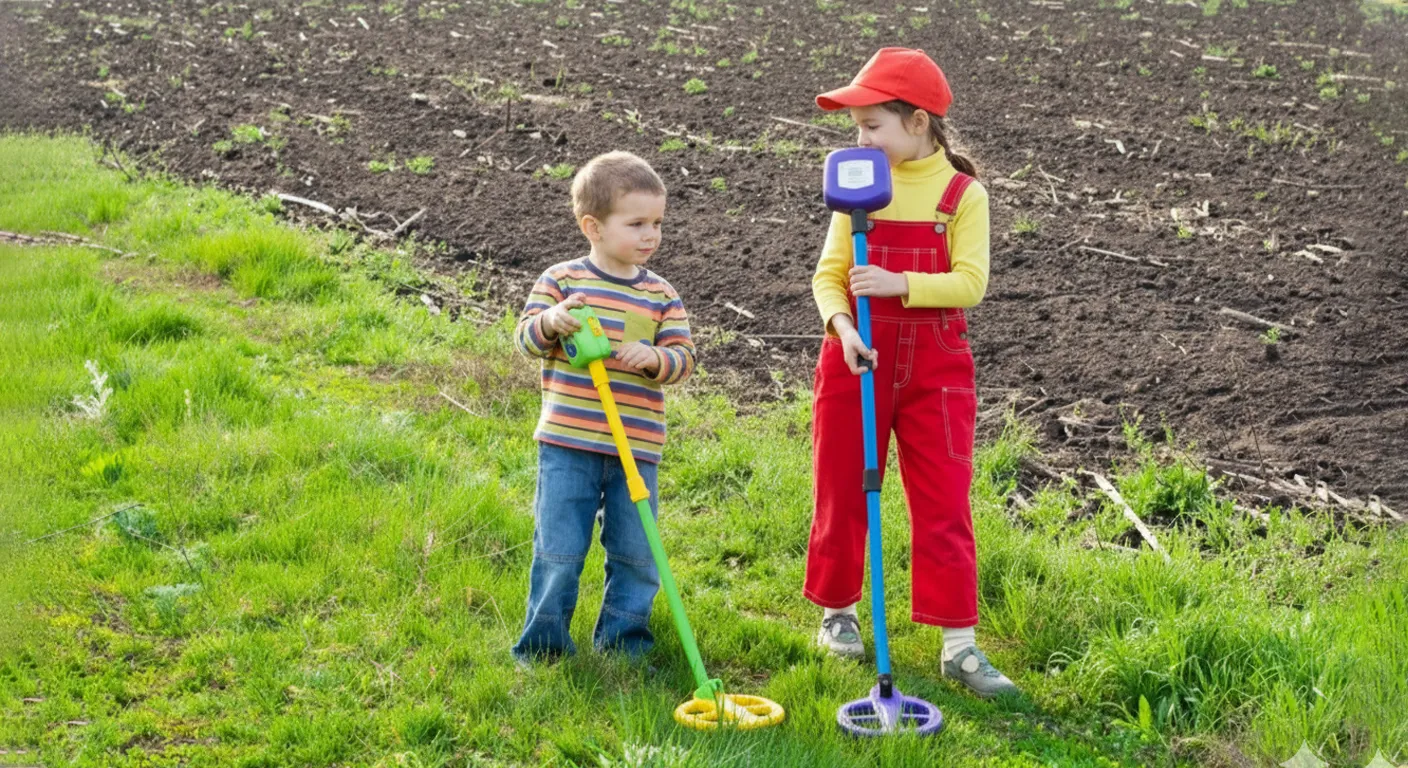 2 kids are detecting treasure on the ground.
