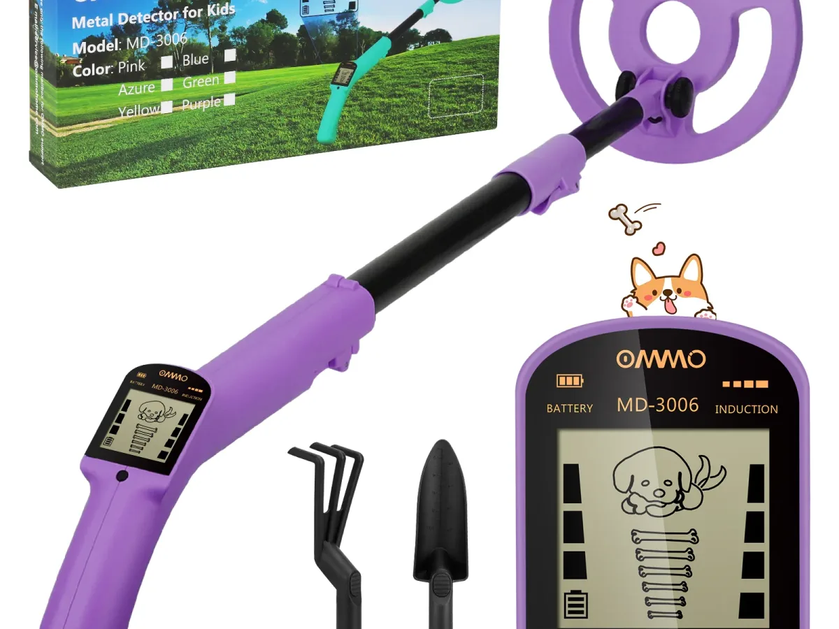 OMMO Kinder Metaaldetector Met LCD Hond Animatie Scherm, Verstelbare Aluminium Staaf 44-81 cm, IP68 Waterdichte Spoel Voor Goud en Zilver