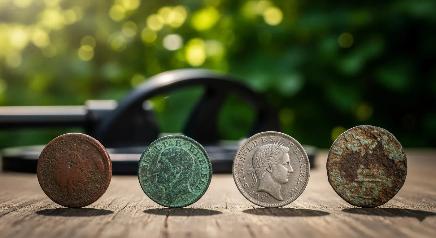 Different old coins detected by metal detector.