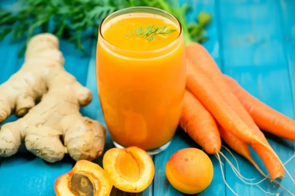 A cup of carrot caribbean smoothie with some ginger beside the cup.