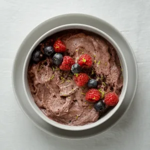 A close-up delicious Easy Chocolate Raspberry Mousse.