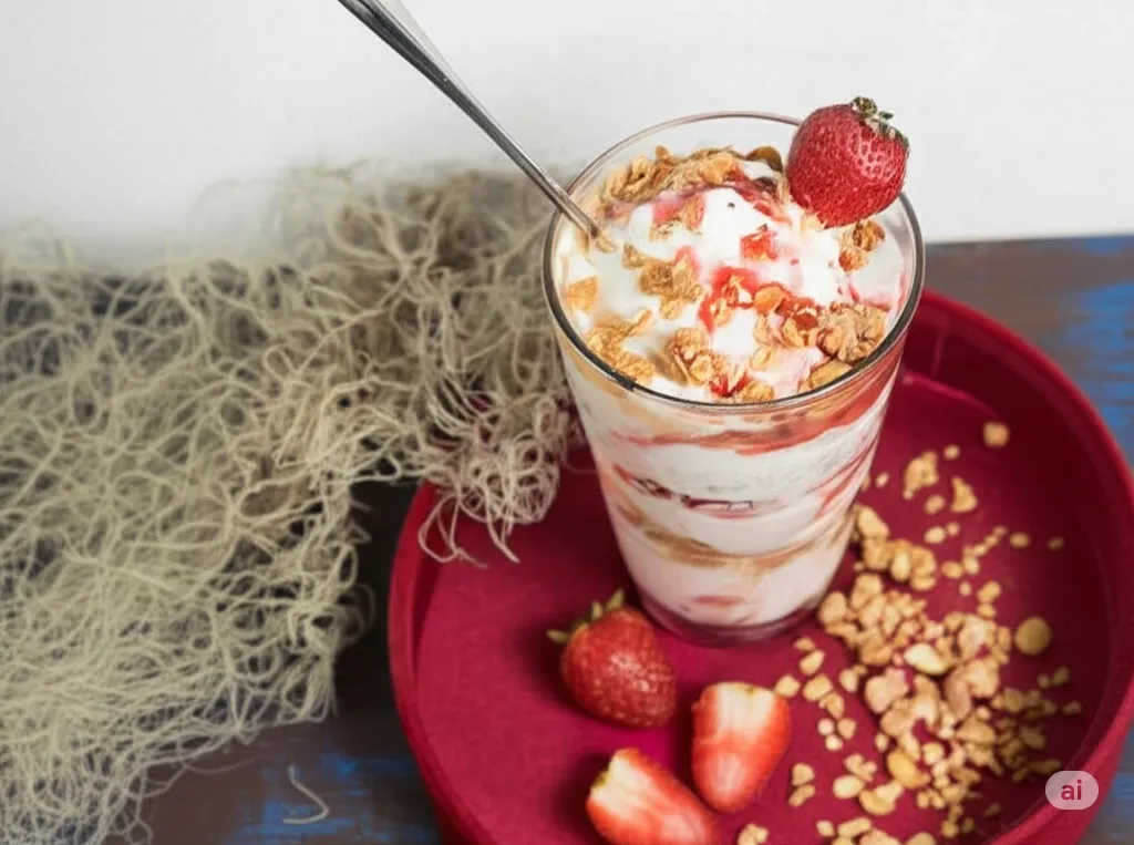 A cup of strawberry frozen yogurt made by a blender.