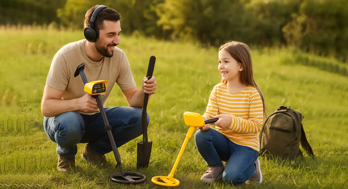 A family is using an adult metal detector and a kids metal detector to hunt treasure.