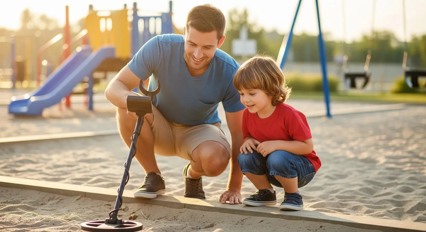A dad with his child is detecting treasure.