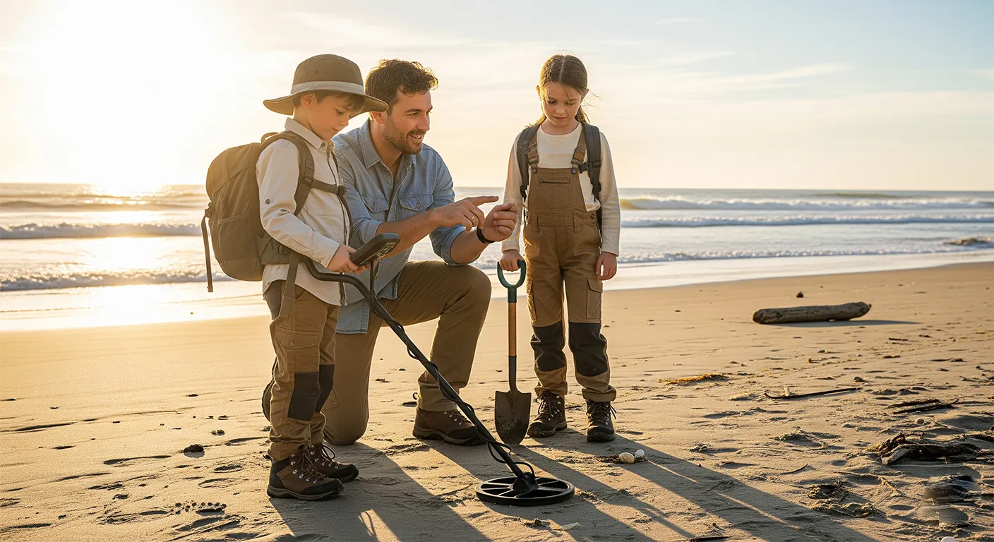 A family is detecting treasure on the beach.