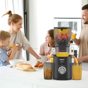 A family is uising juicer to make juices and vegetable juices.