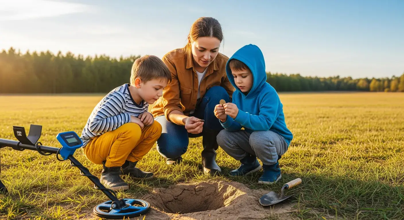 A mom and 2 kids are using a metal detector to detect coin on the ground.