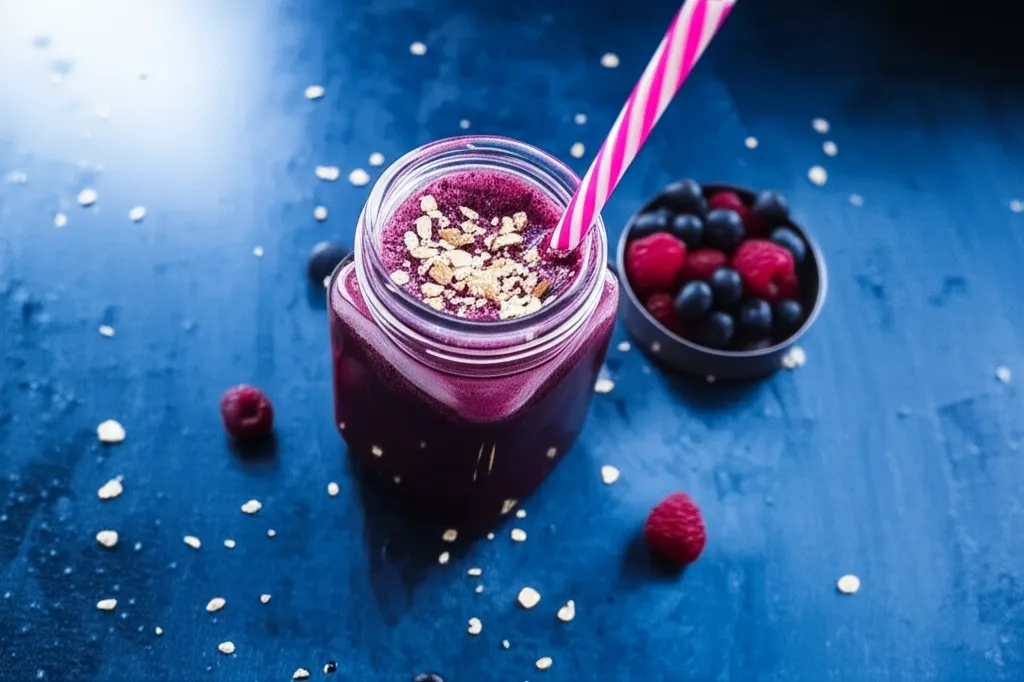 A cup of grape smoothie with a plate of grapes and strawberries.