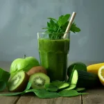 A cup of green healthy drink with some kiwi fruit and oregons.