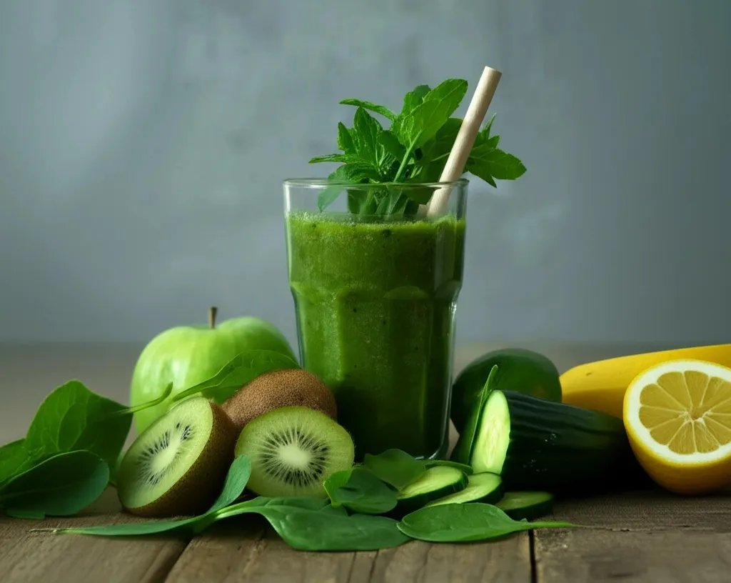 A cup of green healthy drink with some kiwi fruit and oregons.