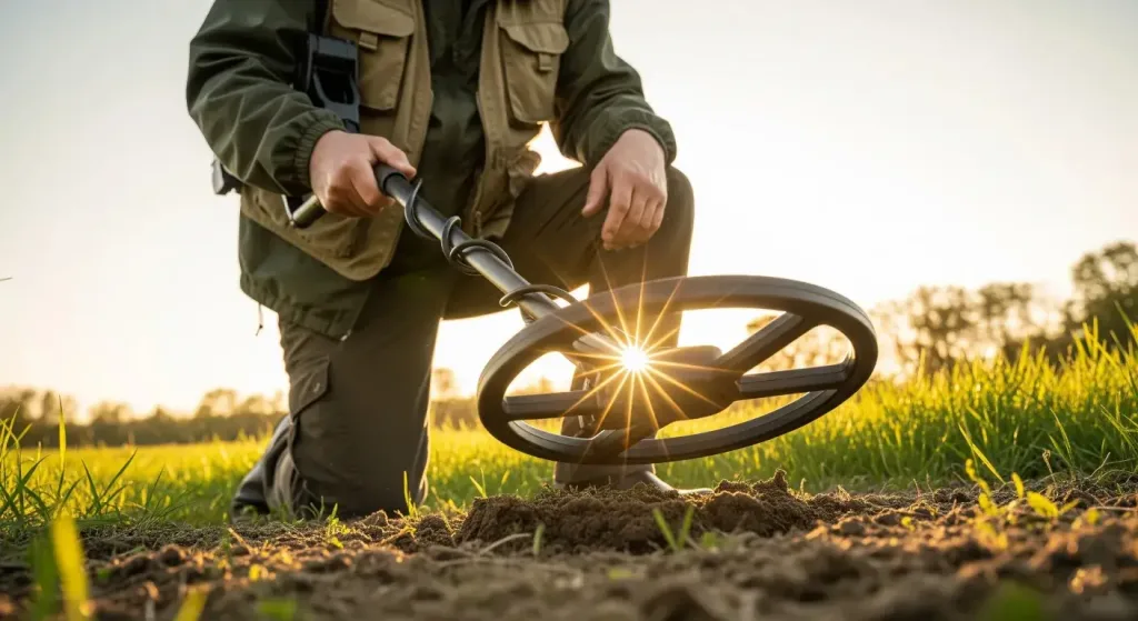 A man is using a metal detector to hunt treasure.