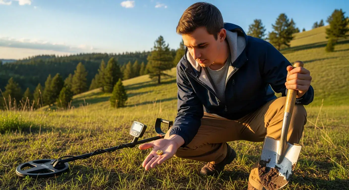 A man finds a piece of gold with a shovel and a metal detector.