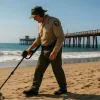 A man is hunting treasure on the beach in C.A.