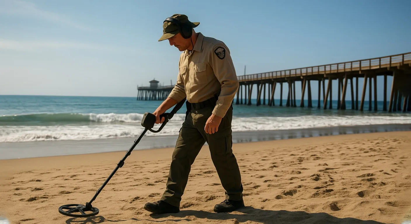 A man is hunting treasure on the beach in C.A.