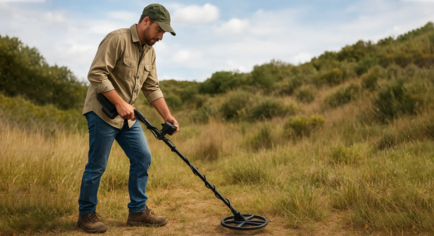 A young man is using a metal detector to detect gold.