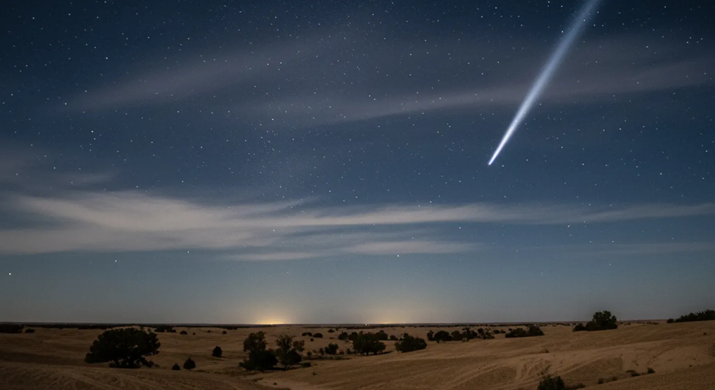 A meteor glides across the sky.