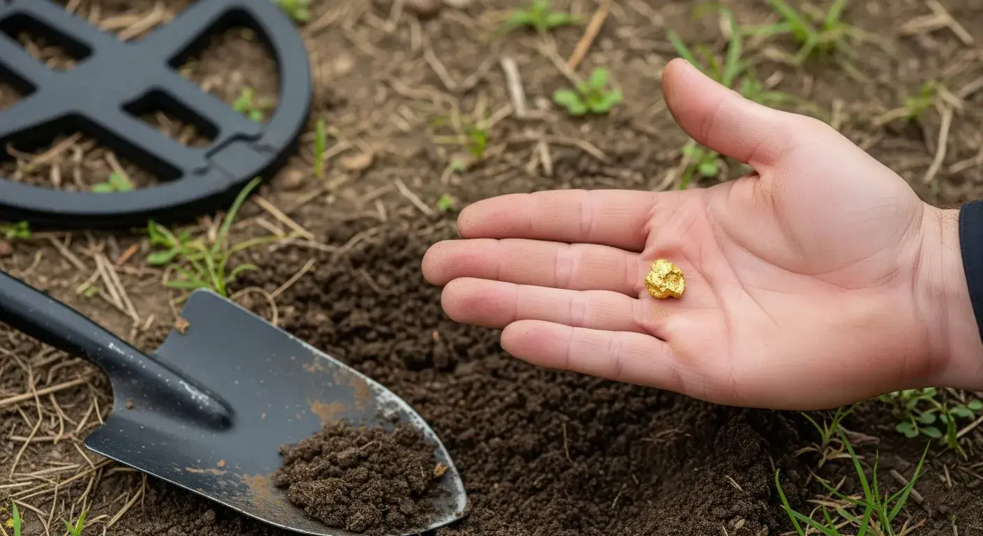 A piece of gold is hold by a man with metal detetor and shovel.