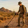 A man is using metal detector to hunt treasure in Arizona.