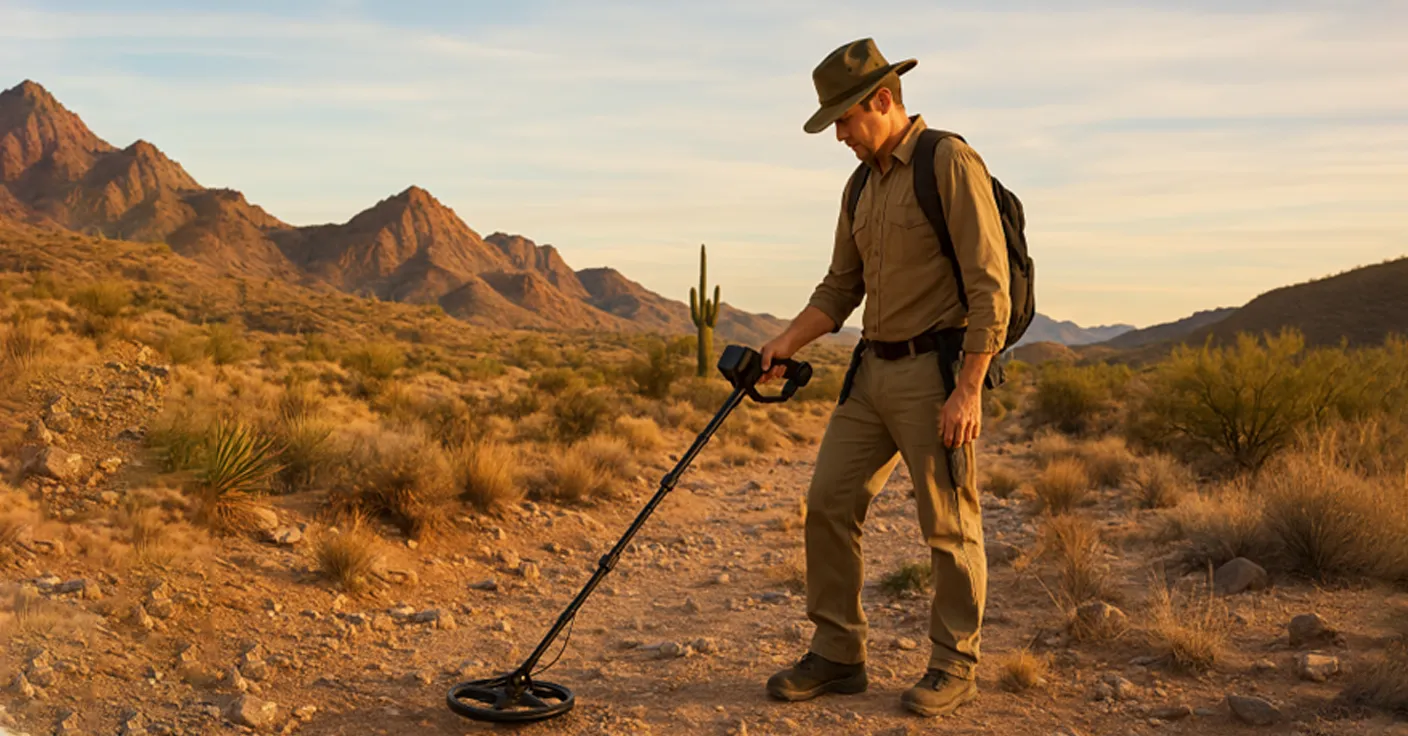 A man is using metal detector to hunt treasure in Arizona.