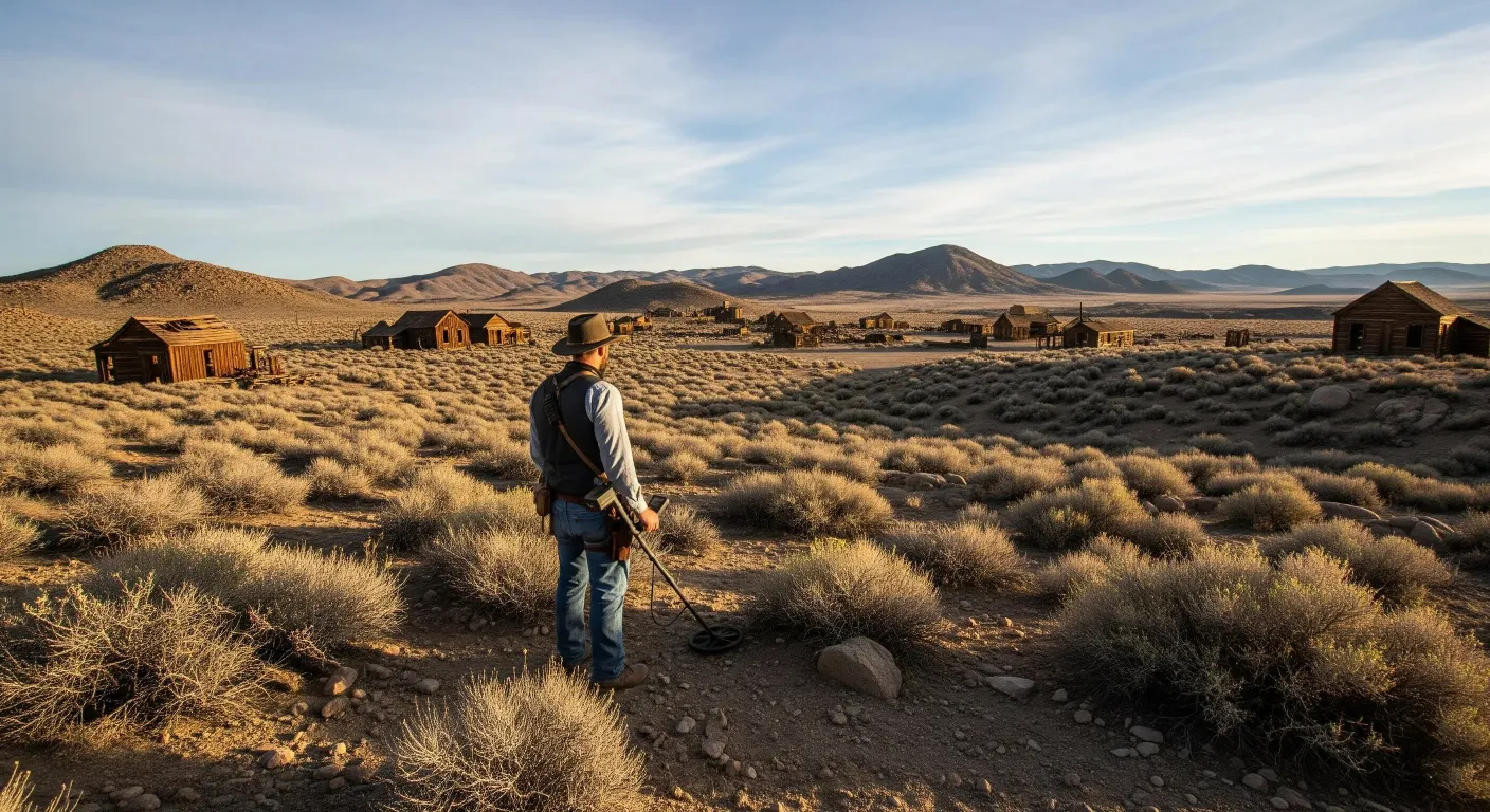 A man is huting coins in Bodie Ghost Town Surroundings.