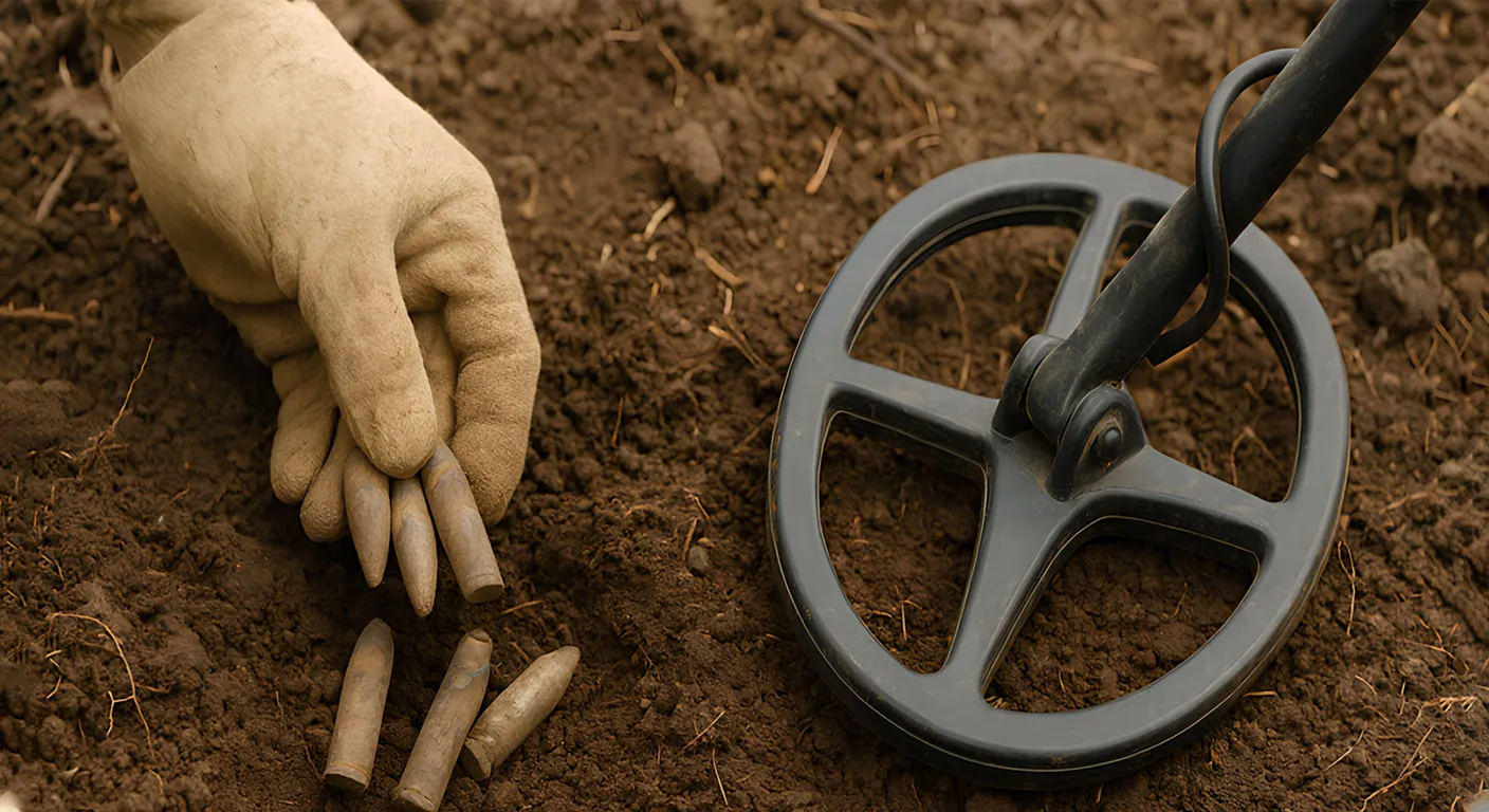 A man with glove is finding old bullets by metal detector.