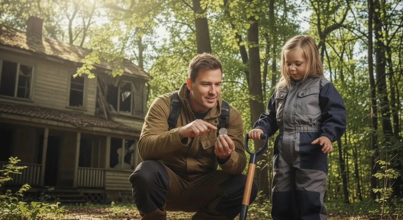 A father and a daughter are detecting silver near an old house.