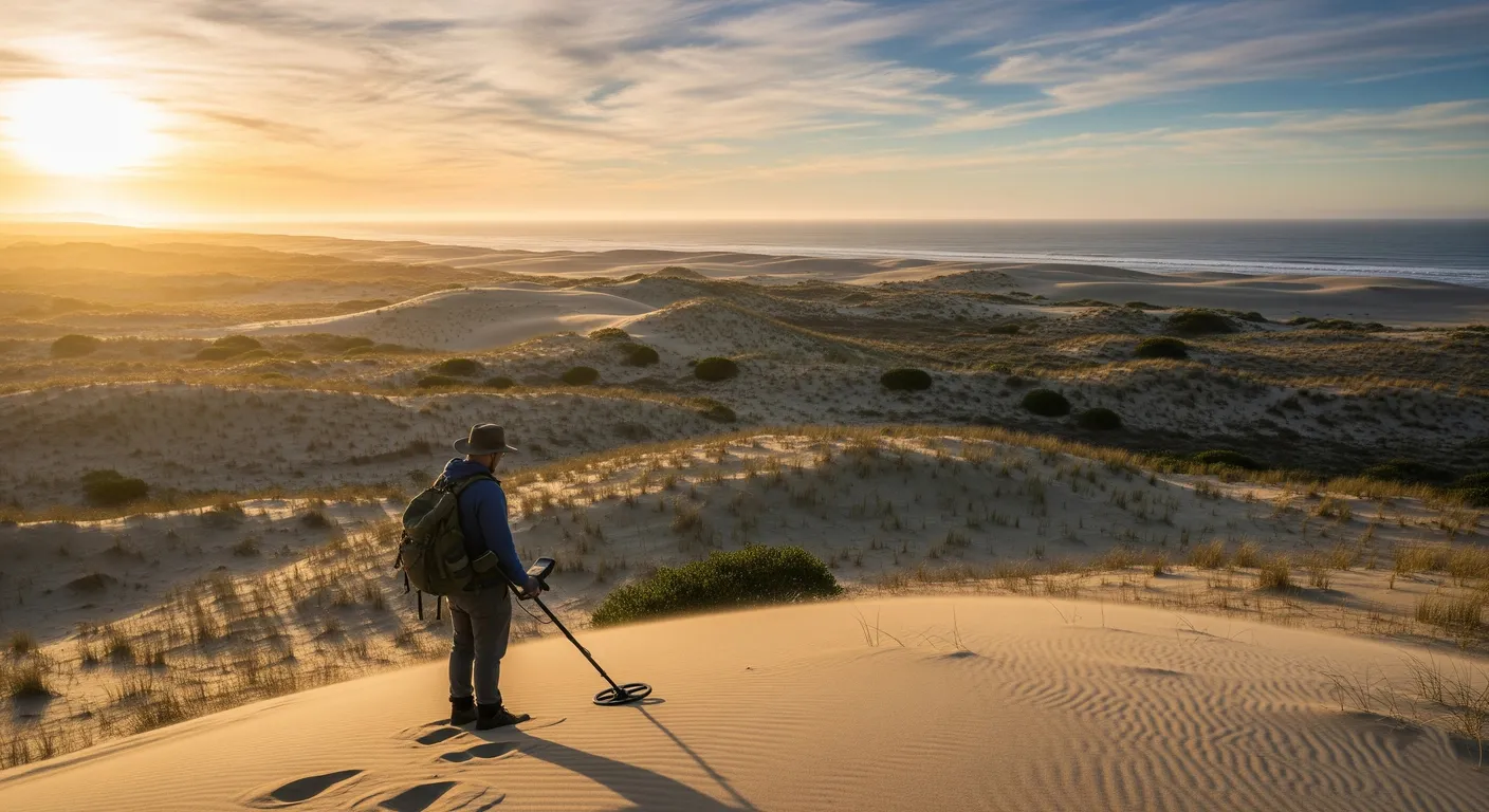 A man is hunting tresure by metal detector in Fort Ord Dunes State Park.