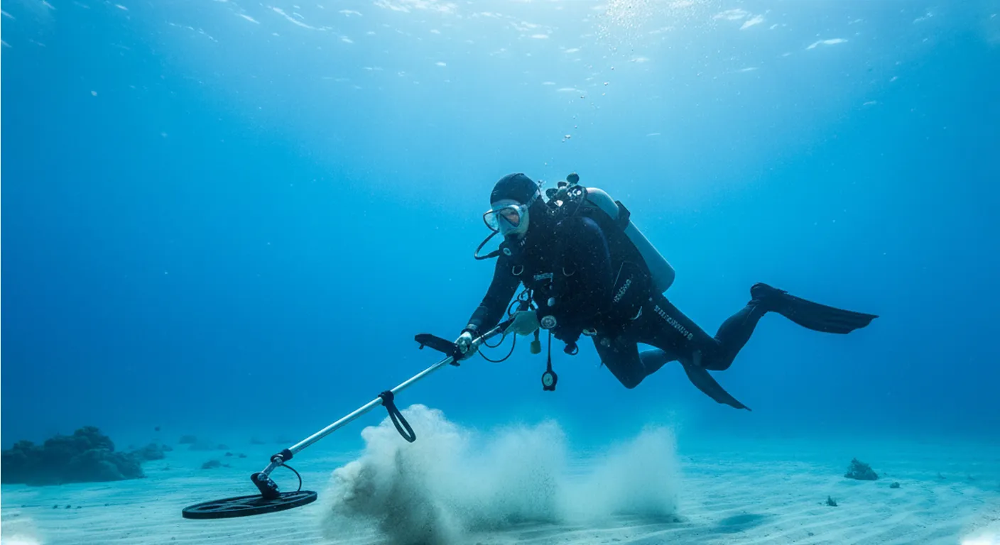 A man is detecting treasure underwater.