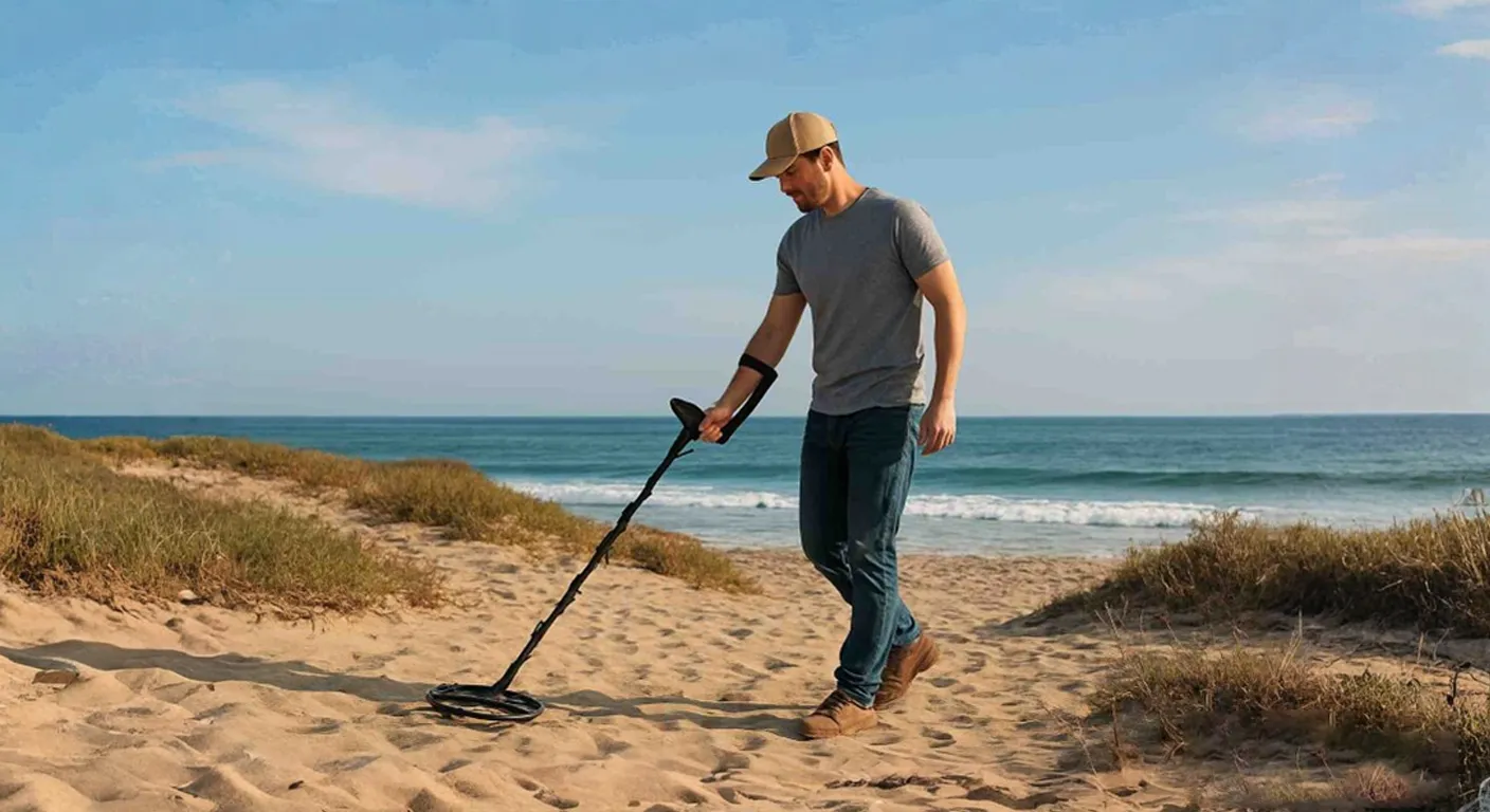 A man is hunting treasure by metal detector.
