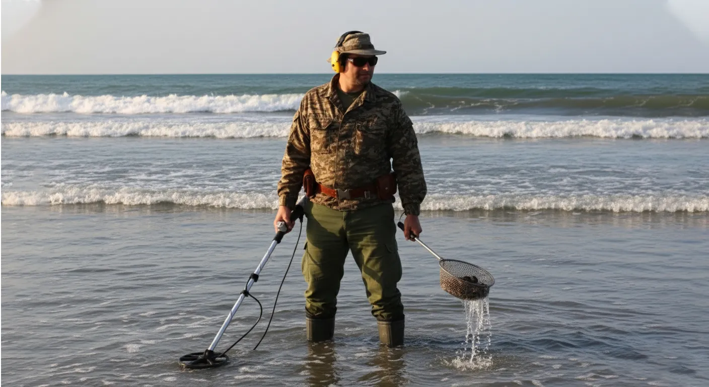 Man is detecting treasure in the sea by using an underwater metal detector.