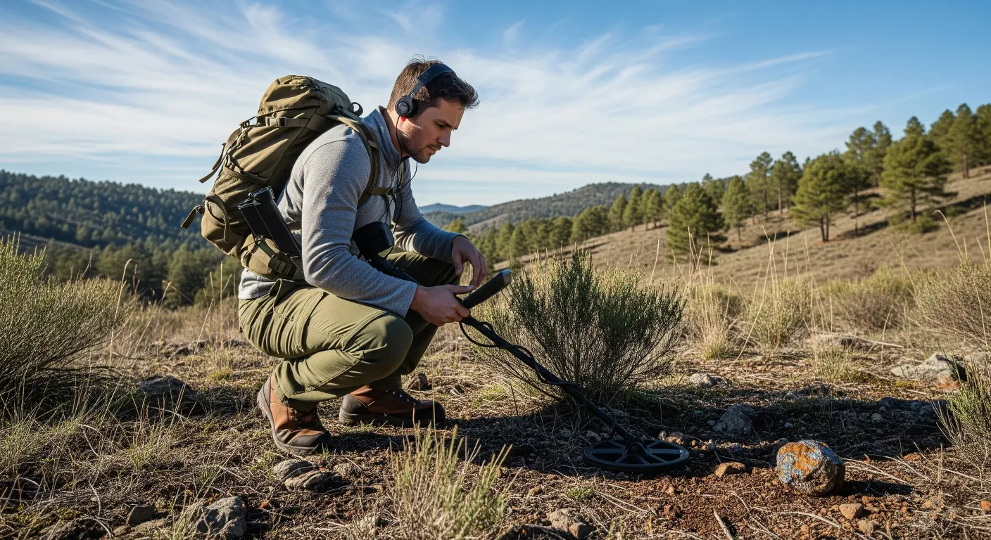 Man uses a detector to detect meteorites in the wild.