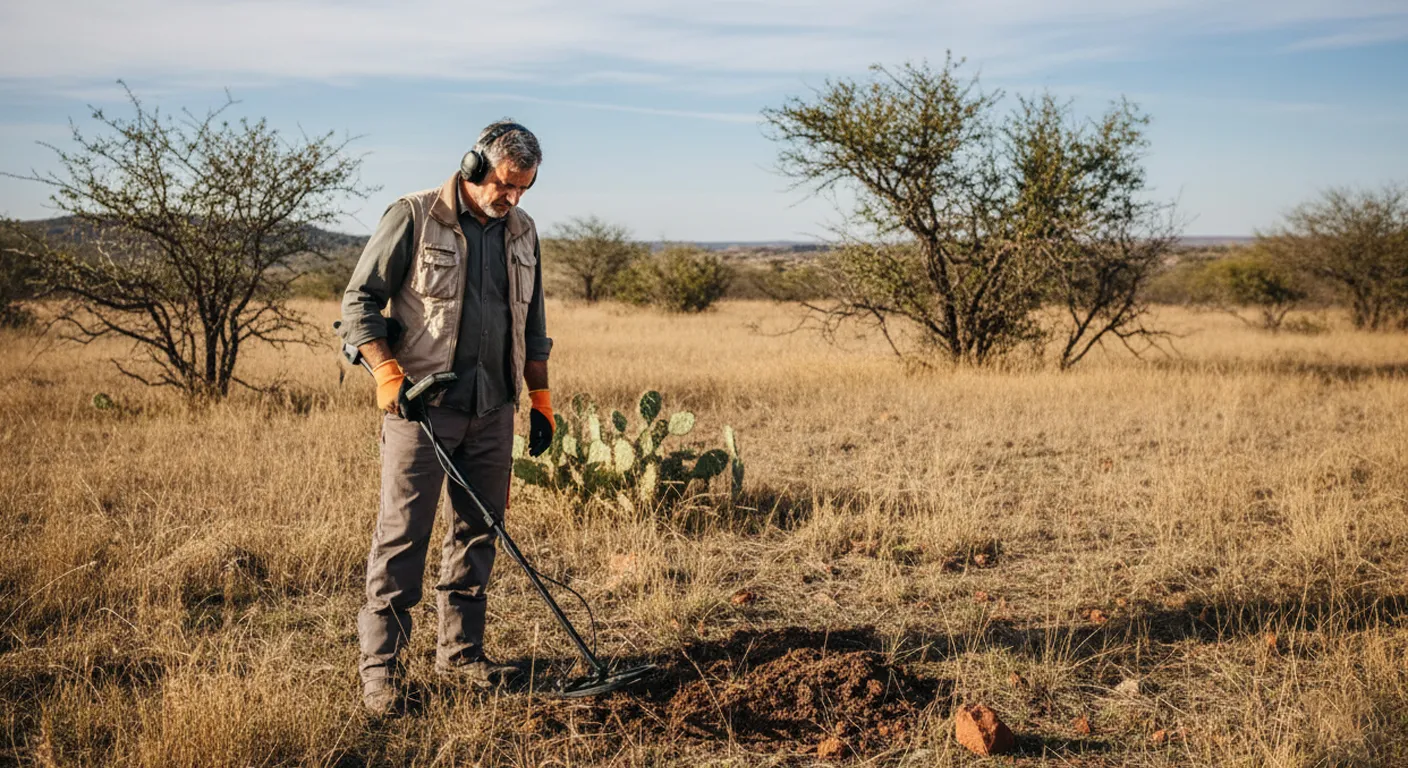 A man is using metal detector to hunt treasure in Texas.