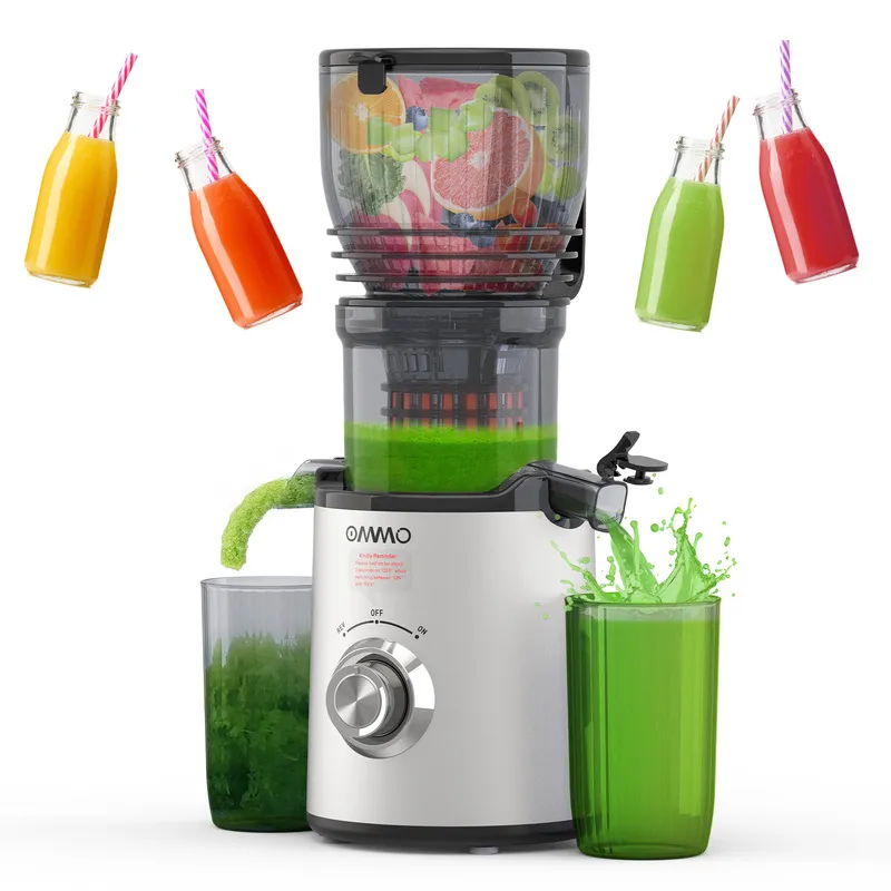 OMMO Large Cold Press Juicer for Healthy Living and Fitness A large black cold press juicer is working for a green juice.