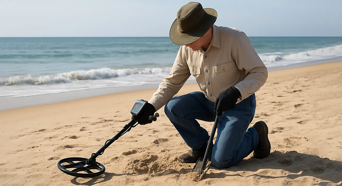 A man is using metal detector to hunt on the beach.