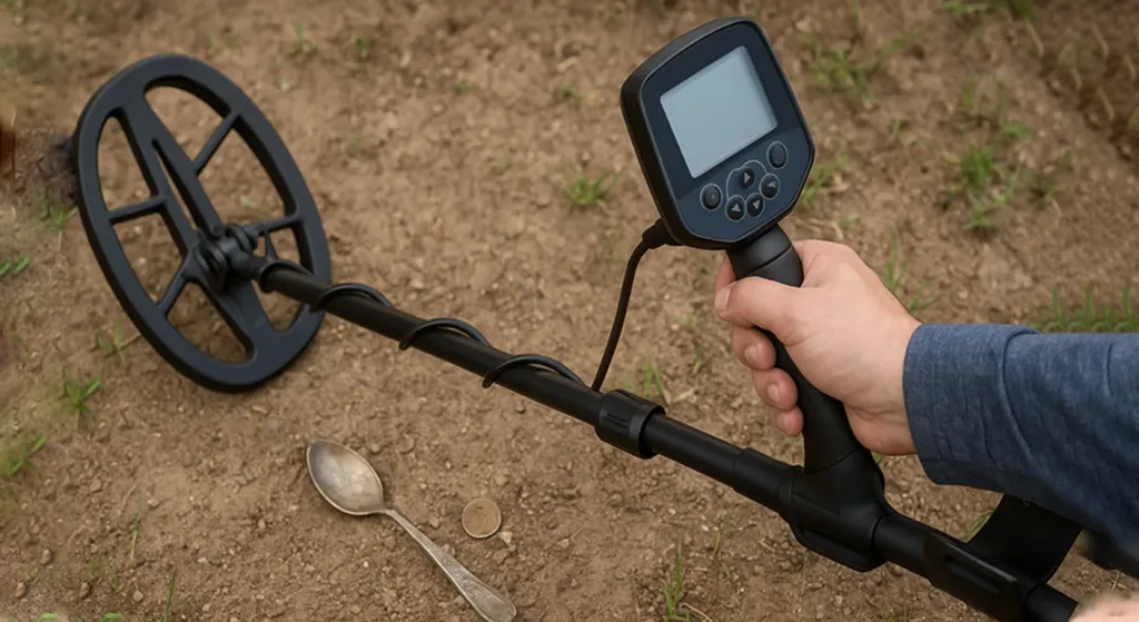 A man is using metal detector to detect treasure.