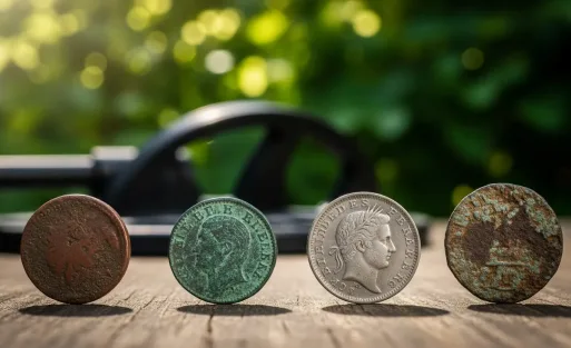 Different old coins detected by metal detector.