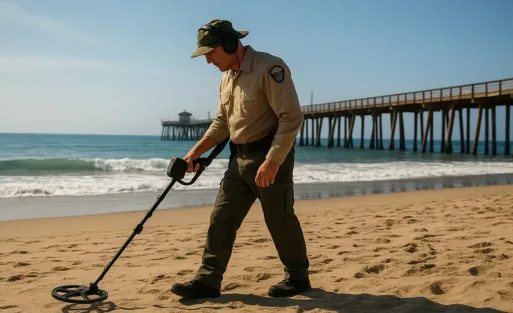 A man is hunting treasure on the beach in C.A.