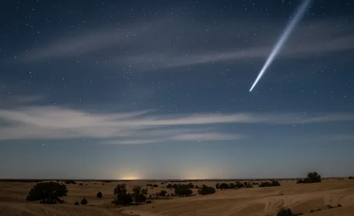 A meteor glides across the sky.