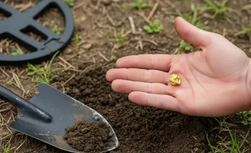 A piece of gold is hold by a man with metal detetor and shovel.