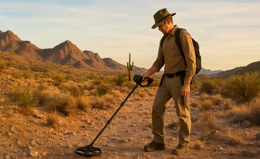 A man is using metal detector to hunt treasure in Arizona.