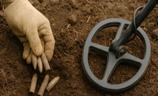 A man with glove is finding old bullets by metal detector.