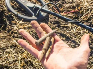 Some ancient relics are hold by a hand with a metal detector nearby.