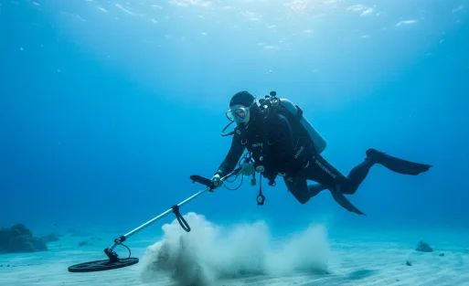 A man is detecting treasure underwater.