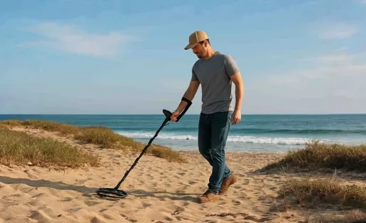 A man is hunting treasure by metal detector.