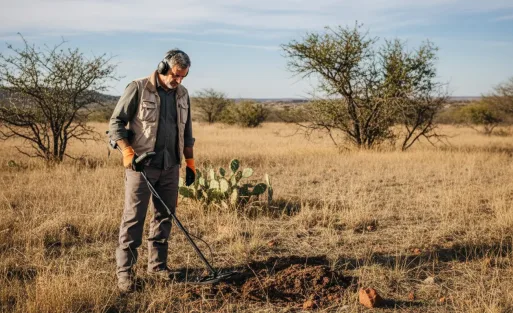 A man is using metal detector to hunt treasure in Texas.