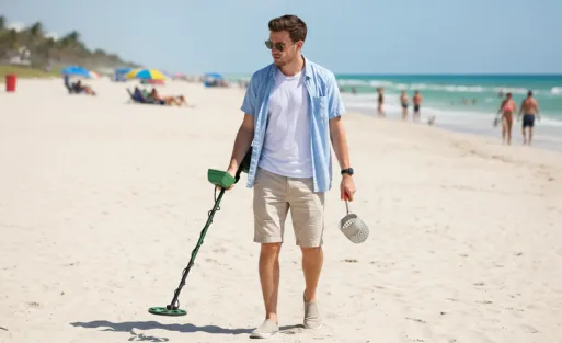 A man is detecting treasure on beach in Florida.