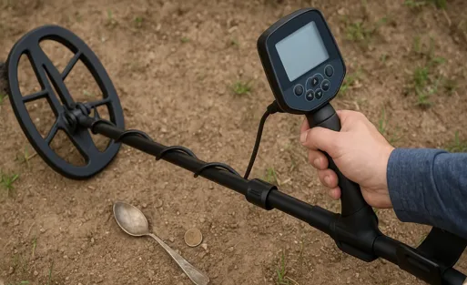 A man is using metal detector to detect treasure.