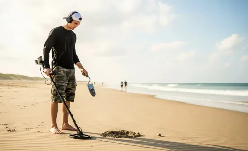 A man is man is using a metal detector to do a beach detecting.