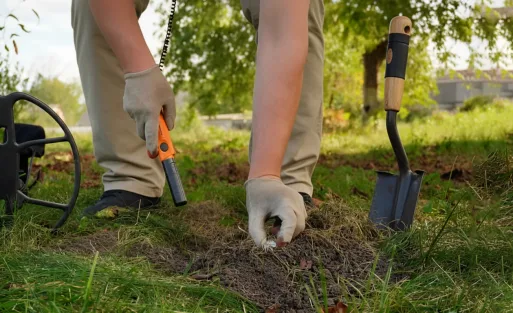 A man uses meteal detector to detect silver coin.