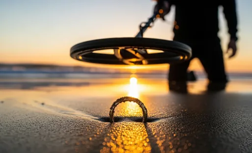 A gold ring is detected on the sand.